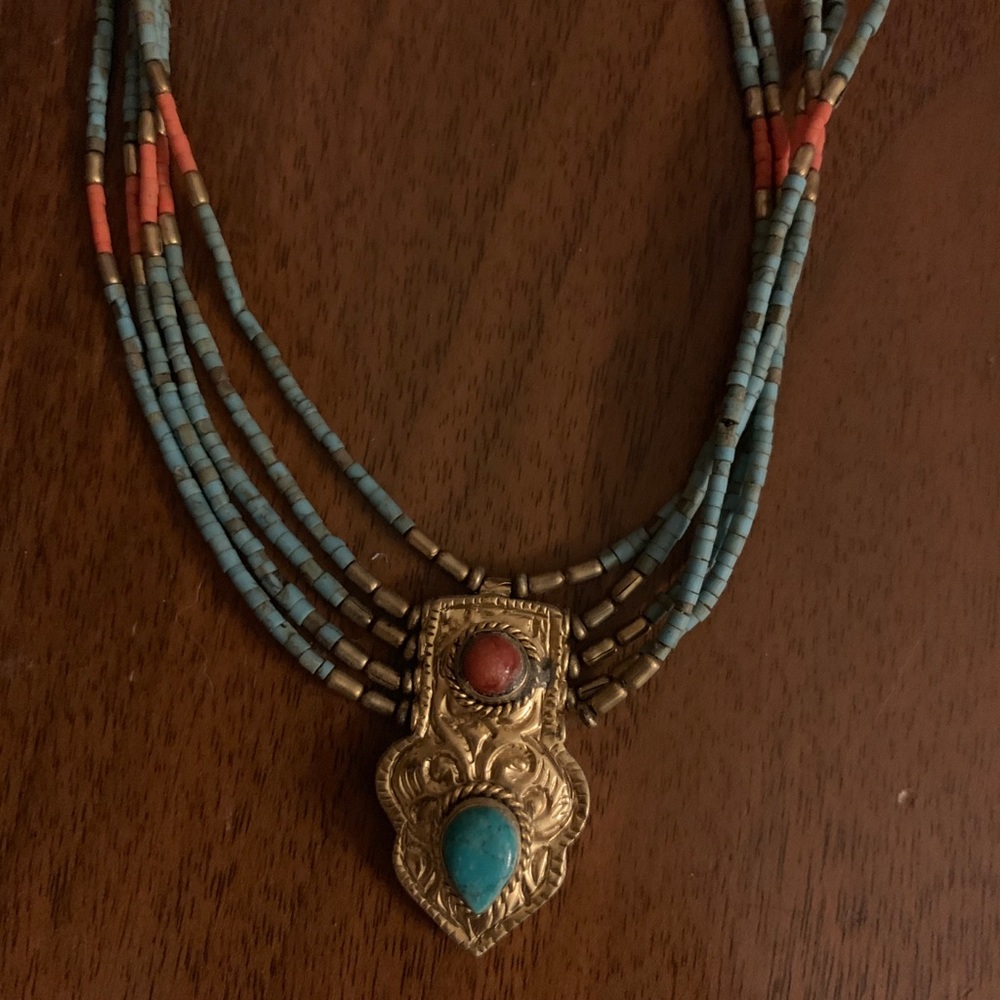 Karen London brass, turquoise and coral necklace